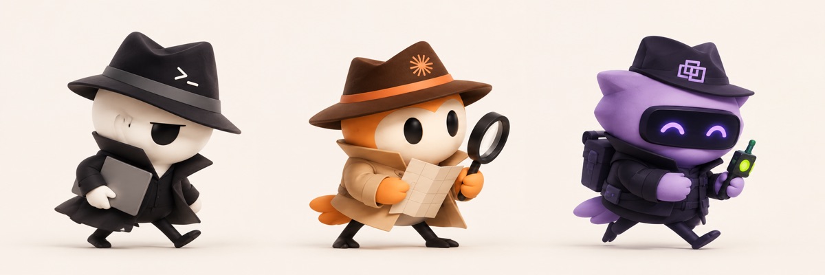 Cipher, Quill and Patch: three painted agent characters in fedoras and trench coats.